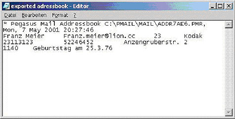 Exportierter Datensatz aus Pegasus-Adressbuch